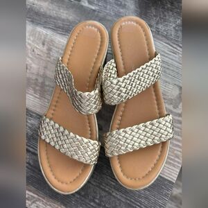 Gold Woven Flat Sandals with Basket-Weave Design
